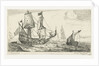 A large sailing ship, a pinnace, and a smaller ship, on the water, three large ships, a village right on the coast by Anonymous