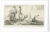 A large sailing ship, a pinnace, and a smaller ship, on the water, three large ships, a village right on the coast by Anonymous