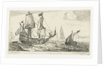 A large sailing ship, a pinnace, and a smaller ship, on the water, three large ships, a village right on the coast by Anonymous