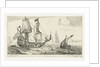 A large sailing ship, a pinnace, and a smaller ship, on the water, three large ships, a village right on the coast by Anonymous