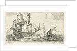 A large sailing ship, a pinnace, and a smaller ship, on the water, three large ships, a village right on the coast by Anonymous
