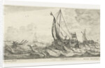 Two ferries and a rowing boat on a rough sea by Anonymous