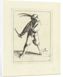 A fool with a wooden leg and arm in a sling has a knife in his hand by Pieter Jansz. Quast