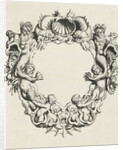 Cartouche with lobe ornament, a top shell flanked by dolphins by Clement de Jonghe