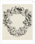 Cartouche with lobe ornament, a top shell flanked by dolphins by Clement de Jonghe