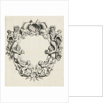 Cartouche with lobe ornament, a top shell flanked by dolphins by Clement de Jonghe