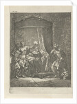 In a dark bedroom is Aristodemus prince of Cuma in bed while he is betrayed by his companion Xenocrite by Arnold Houbraken