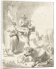 Shepherd sits on a rock and plays the flute, a shepherdess spinning, goats and cows are around the couple by Jurriaan Cootwijck