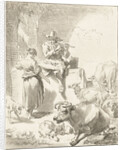 Shepherd sits on a rock and plays the flute, a shepherdess spinning, goats and cows are around the couple by Jurriaan Cootwijck