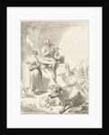 Shepherd sits on a rock and plays the flute, a shepherdess spinning, goats and cows are around the couple by Jurriaan Cootwijck