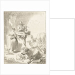 Shepherd sits on a rock and plays the flute, a shepherdess spinning, goats and cows are around the couple by Jurriaan Cootwijck