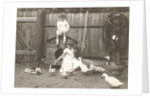 Marba and Eckart Titzenthaler, children of the photographer, standing on a farm with chickens and geese by Waldemar Titzenthaler