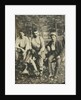 Portrait of three men sitting on a tree stump? In a forest by Anonymous
