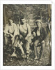 Portrait of three men sitting on a tree stump? In a forest by Anonymous