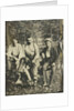Portrait of three men sitting on a tree stump? In a forest by Anonymous