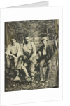 Portrait of three men sitting on a tree stump? In a forest by Anonymous