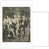 Portrait of three men sitting on a tree stump? In a forest by Anonymous