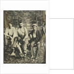 Portrait of three men sitting on a tree stump? In a forest by Anonymous