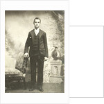 Portrait of a young man standing in front of a painted backdrop, balustrade with vase by Anonymous