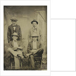 Portrait of four men sitting and standing in front of a painted backdrop, architecture by Anonymous