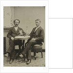 Portrait of two men sitting at the table in a studio, with a bottle and a glass, an imitation salon decor by Anonymous