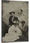 Portrait of a man who is kneeling in three women and two of them holding a hand by Anonymous