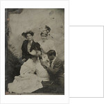 Portrait of a man who is kneeling in three women and two of them holding a hand by Anonymous