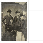 Portrait of two men and two women, one of whom looks away laughing, standing and sitting in front of a painted backdrop by Anonymous