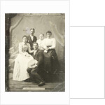 Group portrait of two men and three women, standing and sitting in front of a painted backdrop, tree, rocks by Anonymous