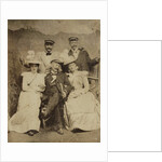 Group portrait of three men and two women in visible cheerful mood, standing and sitting in front of a painted backdrop showing a mountain castle by Anonymous