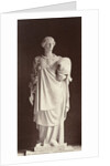 Marble statue of a woman dressed in warrior costume with a helmet in one hand and the other a palm by Louis-Emile Durandelle