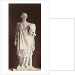 Marble statue of a woman dressed in warrior costume with a helmet in one hand and the other a palm by Louis-Emile Durandelle
