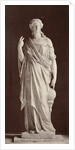 Marble statue of a woman in high-necked dress, with her right hand pointing at a globe and her left hand pointing in the air by Louis-Emile Durandelle