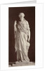 Marble statue of a woman in high-necked dress, with her right hand pointing at a globe and her left hand pointing in the air by Louis-Emile Durandelle