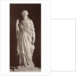 Marble statue of a woman in high-necked dress, with her right hand pointing at a globe and her left hand pointing in the air by Louis-Emile Durandelle