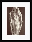 Marble statue of a veiled woman in a high-necked dress with a staff in her right hand by Louis-Emile Durandelle