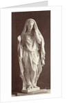 Marble statue of a veiled woman in a high-necked dress with a staff in her right hand by Louis-Emile Durandelle