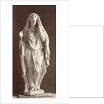 Marble statue of a veiled woman in a high-necked dress with a staff in her right hand by Louis-Emile Durandelle