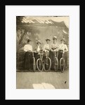 Group portrait of five women with bikes for a painted backdrop with forest by Anonymous