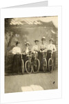 Group portrait of five women with bikes for a painted backdrop with forest by Anonymous
