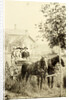 Two men and two women in a carriage with two horses before, against the backdrop of a wooden house by Anonymous