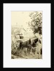 Two men and two women in a carriage with two horses before, against the backdrop of a wooden house by Anonymous