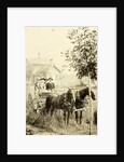 Two men and two women in a carriage with two horses before, against the backdrop of a wooden house by Anonymous