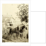 Two men and two women in a carriage with two horses before, against the backdrop of a wooden house by Anonymous