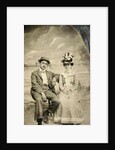 Portrait of a man and woman sitting in front of a painted backdrop (beach, sea and pier) by Anonymous