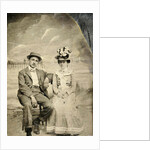 Portrait of a man and woman sitting in front of a painted backdrop (beach, sea and pier) by Anonymous