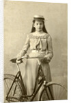 Portrait of young woman in dress with ladies bike by Alex van Dijck