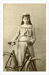 Portrait of young woman in dress with ladies bike by Alex van Dijck