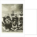 Group portrait of five men, three women and a girl in swimwear for a painted background with a cloudy sky by Christoph Martin Wieland