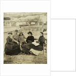 Three women, a man and a girl on the beach by Anonymous